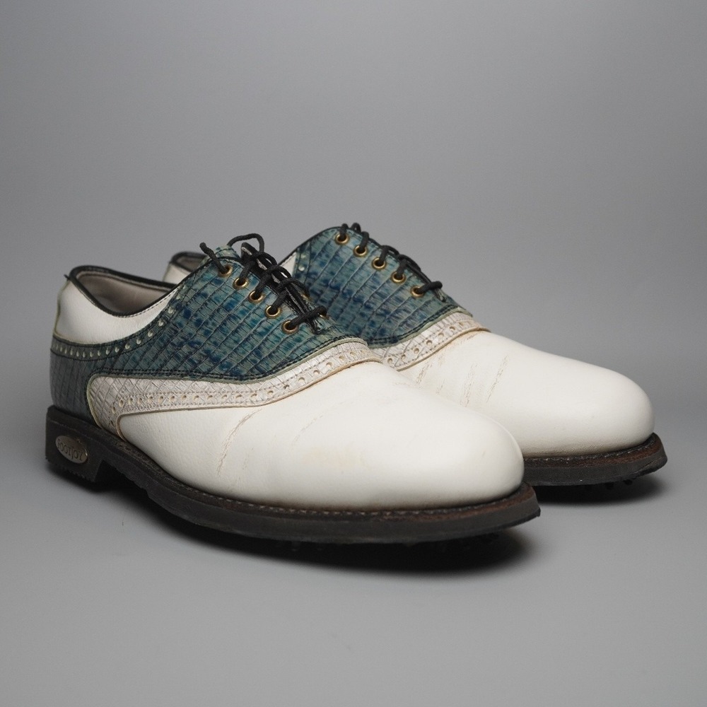 FootJoy Classics Tour SoftFlex White Blue Lizard Like Leather Golf Shoes Men 9